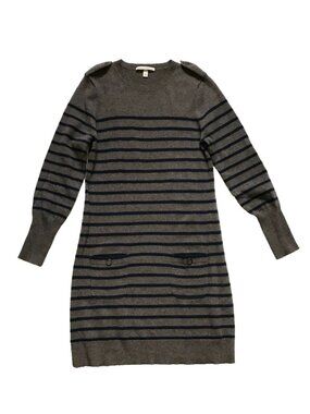 Autumn Cashmere Sweater Dress Womens Large Navy Blue Brown Crew Neck Long Sleeve